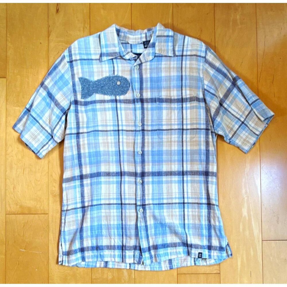 Upcycled IZOD Jeans Men’s Size M Blue Beige Plaid Linen Cotton Button-Up Shirt
